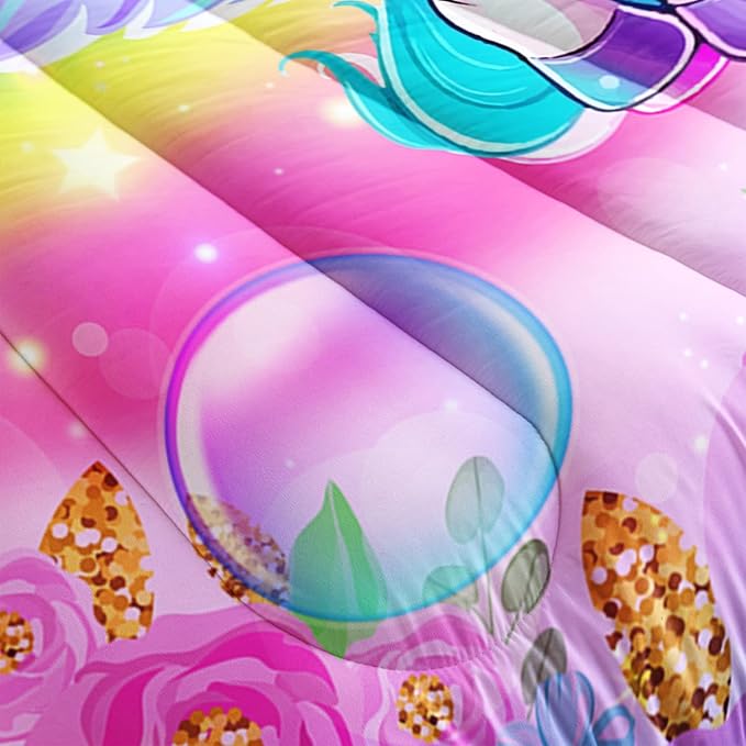 Kid Unicorn Comforter Set Full Size 3Pcs Butterfly Rainbow Flower Star Pattern Quilt Bedding Set for Boys Girls with 1 Comforter and 2 Pillowcases
