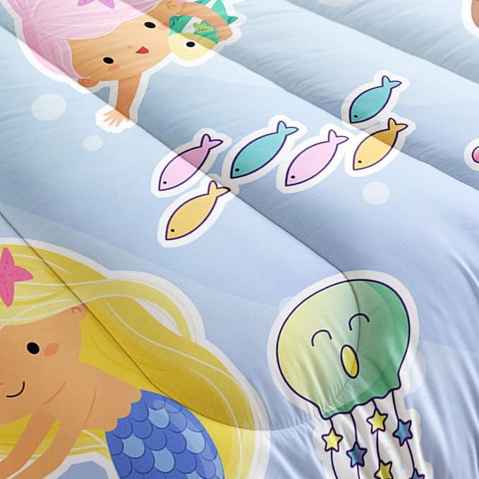 Datura home Girls Mermaid Comforter Set for Girls Women,Kawaii Mermaid Girls Play with Fish Printed Pattern Blue Kawaii Bedding Set with 2 Pillowcases(Girls Full)