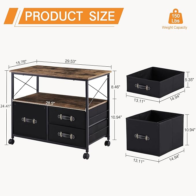 VECELO 3 Drawer Lateral File Cabinet Rolling Printer Stand with Open Storage Shelf, Fits A4 Or Letter Size, with Lockable Casters, Leather Handle, Ideal for Small Spaces, Brown+Black