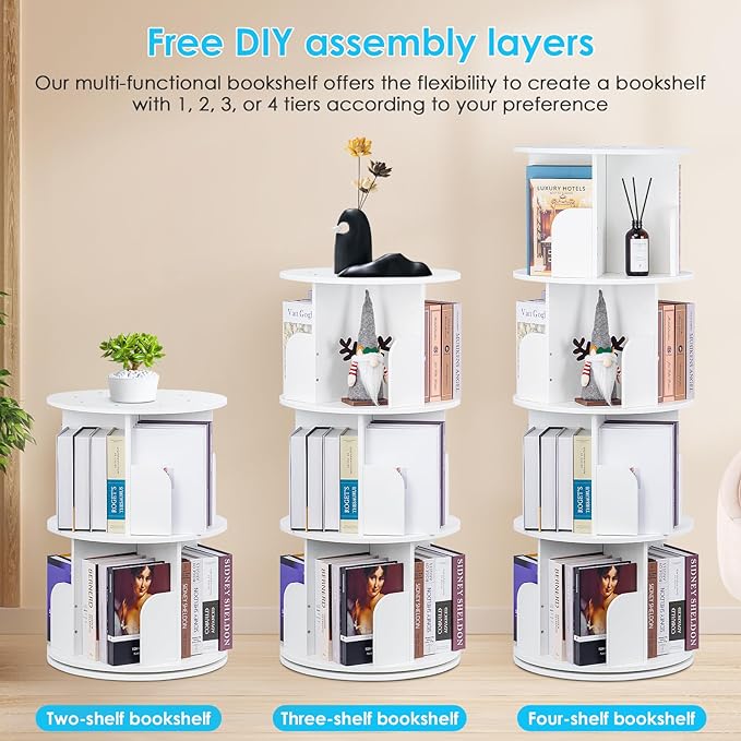 2024 New 4 Tier Rotating Bookshelf kids, Small Corner Bookshelf for Small Space, 360 Display Floor Standing Bookcase Storage Rack, Wood Narrow Book Shelf Organizer for Home Office,Bedroom, Living Room