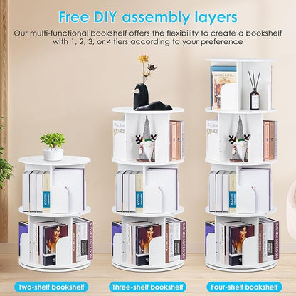 2024 New 4 Tier Rotating Bookshelf kids, Small Corner Bookshelf for Small Space, 360 Display Floor Standing Bookcase Storage Rack, Wood Narrow Book Shelf Organizer for Home Office,Bedroom, Living Room