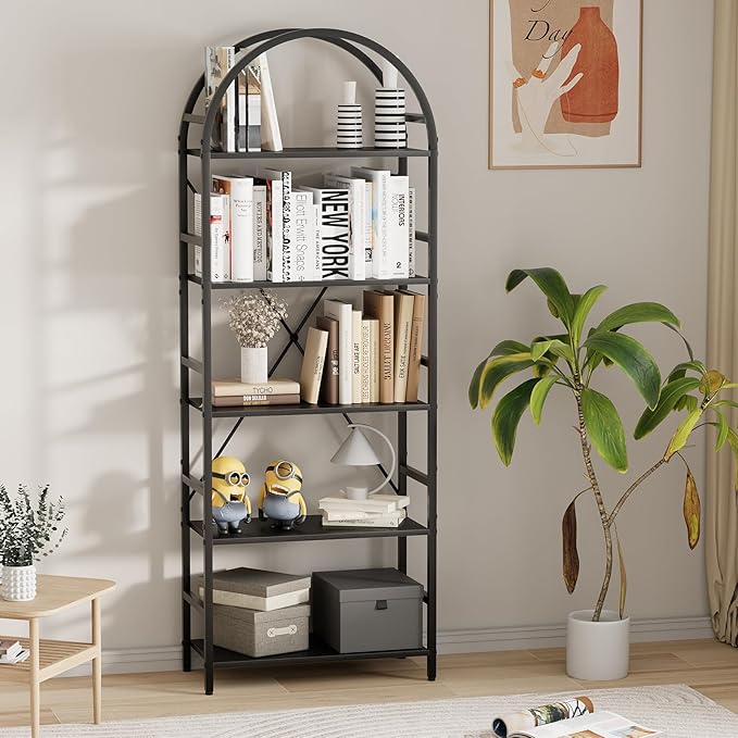 5-Tier Bookshelf, 24 Inch Width Industrial Arched Bookcase, Vintage Storage Rack with Open Shelves, Free Standing Shelf for Home Office, Living Room,Bedroom, Black