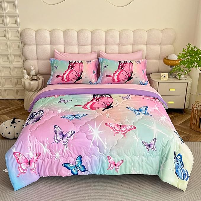Girls Butterfly Comforter Set Bed in A Bag Twin Size 7 Piece 3D Purple Bedding Comforter Bed Set with Pillow Shams, Flat Sheet, Fitted Sheet, Pillowcases All Season