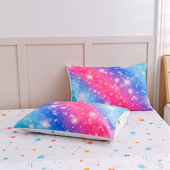 A Nice Night 6Pcs Gradient Glitter Bedding Set for Girls, Colorful Rainbow Galaxy Comforter Set, Ultra Soft Bedding Sets (Pink-Blue,Twin 6Pcs)