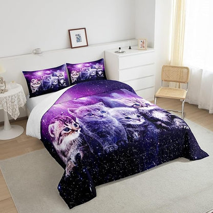 Cat Comforter Cute Pet Cats Pattern Bedding Set Outer Space Kawaii Kitten Comforter Set for Children Kids Boys Girls 3D Animal Theme Galaxy Duvet Set Room Decor Quilt Set Full Size