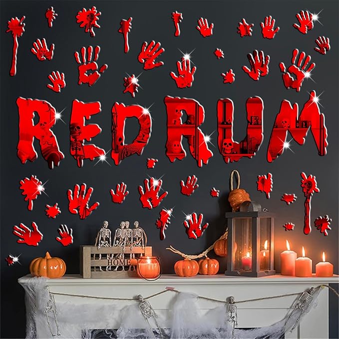 Halloween Decorations Stickers for Wall Bloody Handprint Decals for Bathroom Mirror Acrylic Halloween Party Supplies Decal Peel and Stick Scary Red Blood Stickers for Haunted House Party Home Office