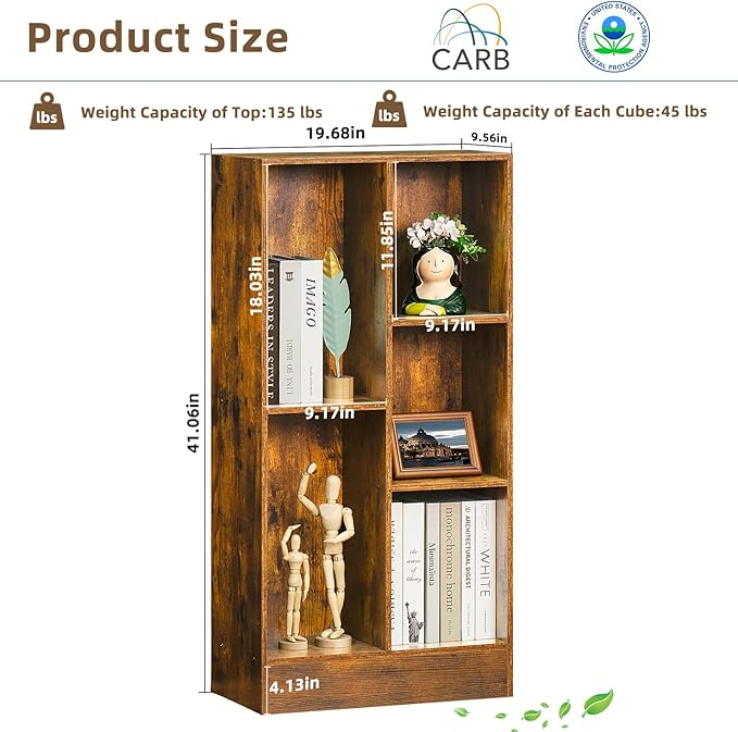 LEYAOYAO 5 Cube Mid-Century Modern Brown Wood Bookcase, 3 Tier Storage Organizer Shelf, Rustic Display Cabinet for Bedroom, Living Room, Office