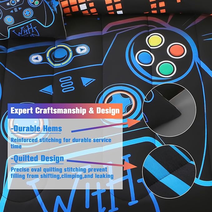 JQinHome Queen Gaming Comforter Sets for Boys,6 Piece Bed in A Bag 3D Video Game Bedding All Season Soft Microfiber Gamer Bedding Sets for Kids, Pillowcase, Flat Sheet, Fitted Sheet,Cushion Cover