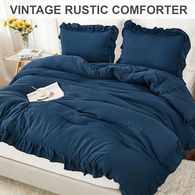 Andency Navy Blue Queen Comforter Set, 3 Pieces Boho Lightweight Solid Bedding Sets for Queen Bed, Fluffy Soft Double Women Men Microfiber Bedding Set