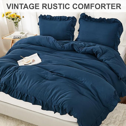 Andency Navy Blue Queen Comforter Set, 3 Pieces Boho Lightweight Solid Bedding Sets for Queen Bed, Fluffy Soft Double Women Men Microfiber Bedding Set