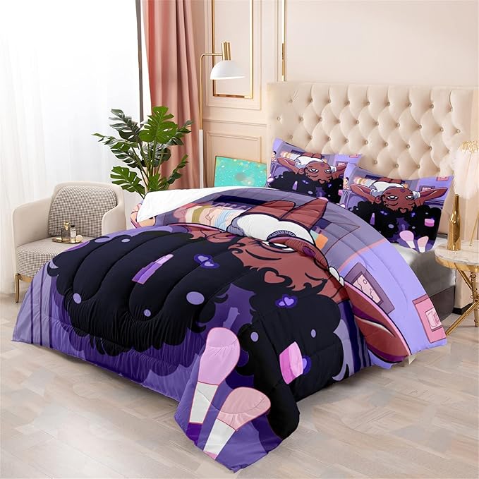 Black Girl Comforter Sets for Girls Full Size Bed, Pretty African American Girl Full Bed Sets Purple Full Bedding Comforter Set Microfiber Soft 3 Piece Quilt Set, 1 Comforter + 2 Pillowcases