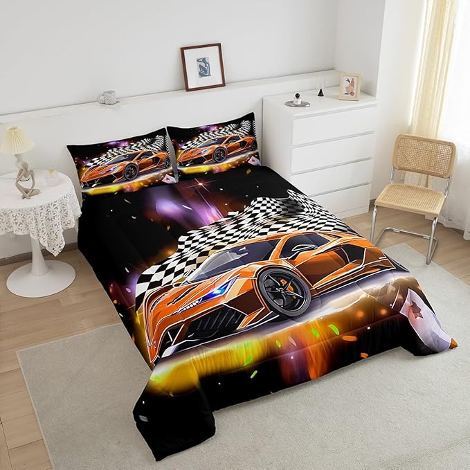 Feelyou Sports Car Comforter Set King Size, Orange Racing Car Bedding Set 3pcs for Kids Boys Teens Bedroom Cool Speed Luxury Car Decor, Black White Plaid Grid Print Quilt Set with 2 Pillowcases