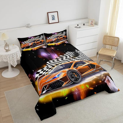 Feelyou Sports Car Comforter Set Queen, Orange Racing Car Bedding Set 3pcs for Kids Boys Teens Bedroom Cool Speed Luxury Car Decor, Black White Plaid Grid Print Quilt Set with 2 Pillowcases