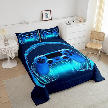 Gamer Comforter Set Full Size,Blue Headphones Musical Design Games Gamepad Bedding Set for Kids Boys Video Game Room Decor Retro Playing Gamer Down Comforter Gaming Controller Quilted Duvet Set