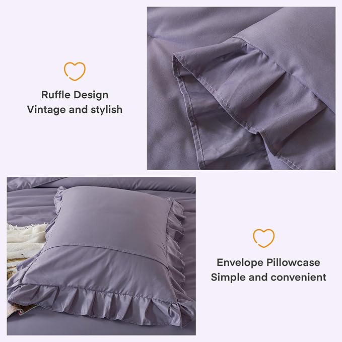 Andency Grayish Purple Comforter Set Full Size, 3 Pieces Lightweight Soft Rustic Ruffle Comforter Women Man, Solid Farmhouse Shabby Chic Microfiber Bedding Comforter Sets for All Season