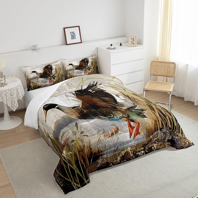 Mallard Duck Bedding Set Boys Girls Wild Duck Hunting Comforter Set for Kids Women Men Soft Lodge Cabin Farmhouse Comforter Quilt Room Decor Twin Size Duvet Set Boys