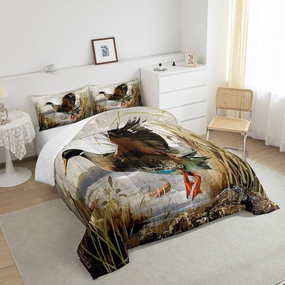 Mallard Duck Bedding Set Boys Girls Wild Duck Hunting Comforter Set for Kids Women Men Soft Lodge Cabin Farmhouse Comforter Quilt Room Decor Full Size Duvet Set Boys