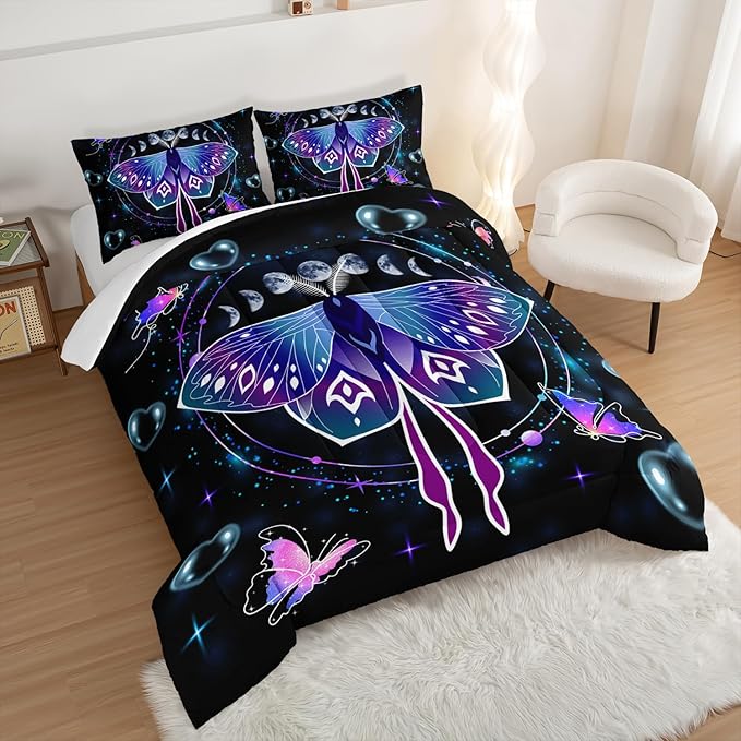 HOSIMA Butterfly Comforter Set with 2 Pillowcases,Moon Starry Sky Galaxy Comforter Butterfly Room Decor Aesthetics,Blue Heart -Shaped Bubble Twin Bed in A Bag Sets for Adults Kids Black Comforter.