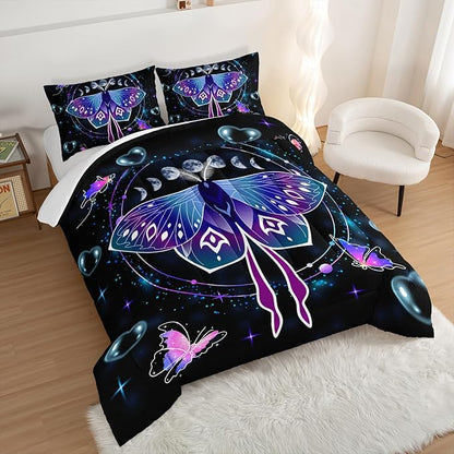 HOSIMA Butterfly Comforter Set with 2 Pillowcases,Moon Starry Sky Galaxy Comforter Butterfly Room Decor Aesthetics,Blue Heart -Shaped Bubble Queen Comforter Set for Adults Kids Black Comforter.