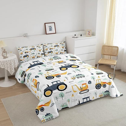 Feelyou Cartoon Cars Kids Comforter Set Tractor Boys Comforter Cute Excavator Decor Kawaii Soft Bedding Set Cartoon Trees Cars Colorful All Season Quilt Room 2Pcs Twin Size Boys
