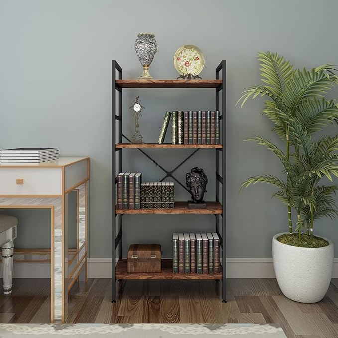 4 Tier Industrial Book Shelf,Modern Small Book Case for Books, Garage Kit, CDs, Movies, Standing BookShelves Display Rack for Bedroom/Living Room/Home Office - Rustic Brown Wood Bookcase