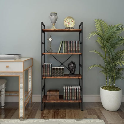 4 Tier Industrial Book Shelf,Modern Small Book Case for Books, Garage Kit, CDs, Movies, Standing BookShelves Display Rack for Bedroom/Living Room/Home Office - Rustic Brown Wood Bookcase