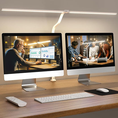 LED Desk Lamp for Home Office, Remote Control LED Desk Light with Color Changing Dimmable Computer lamp with Flexible Gooseneck, 24W, Double Head, White
