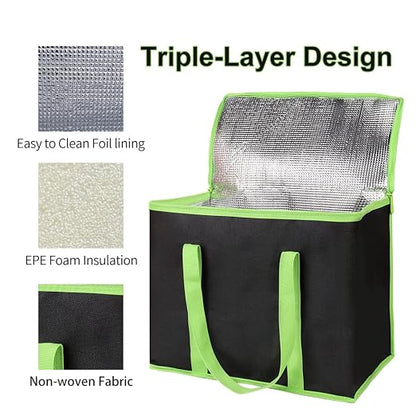 Bodaon 2-Pack Insulated Reusable Grocery Shopping Bags, X-Large Black-Green | Cooler Bag Top Cold/Warmer, Heavy Duty Insulated Pizza/Food Delivery Bag, For Commercial Catering Rideshare Driver, Picnic