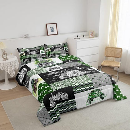 Tractor Bedding Set Twin Size Equipment Trucks Comforter Set Farmhouse Harvester Down Comforter for Kids Boys Car Bedroom Decor Green Vehicle Quilt Set Plaid Comforter with 1 Pillowcase, Grey