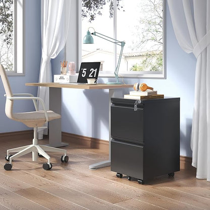 2 Drawer Mobile File Cabinet with Lock,Under Desk Metal Filing Cabinet for Home Office,Steel Small Rolling File Cabinet with 2 Keys for Legal/Letter/A4 Size Fully Assembled Except Wheels (Black)