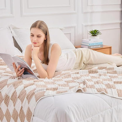 EMME Checkered Cotton Blanket Twin Large 60"x80" 100% Muslin for Couch Breathable Cooling Gauze All Season Soft and Lightweight Pre-Washed (Light Tan)