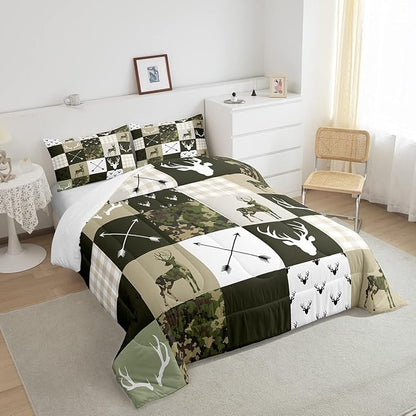 Kids Deer Antler Animal Comforter Set King Size,Army Green Camo Xmas Bedding Set,Girls Boys Adults Bedroom/Cabin Decor,Plaid Patchwork Retro Down Comforter,Boho Arrows Duvet Insert,3pcs,2 Pillowcases