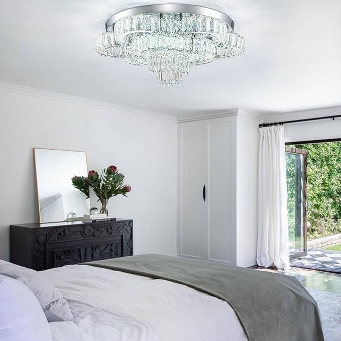 21 Inch Crystal Chandeliers with Remote Control LED Chandelier Modern Mount Flush Mount Chandelier Ceiling Light Fixtures for Bedroom Living Room Dining Room(Dimmable)