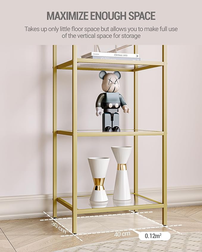 Bookcase Bookshelf, Tempered Glass Bookshelves, Slim Shelving Unit for Bedroom, Bathroom, Home Office, Steel Frame, 5 Tier Gold BC05001G