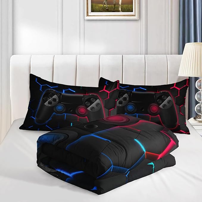 Axolotl Gamer Comforter Sets Queen,Geometric Honeycomb Gaming Bedding Sets,Video Games Comforter,Gaming Bedding Set,Game Console Comforter Set for Kids Boys Girls Teens,1 Quilt 2 Pillowcases,Blue Red