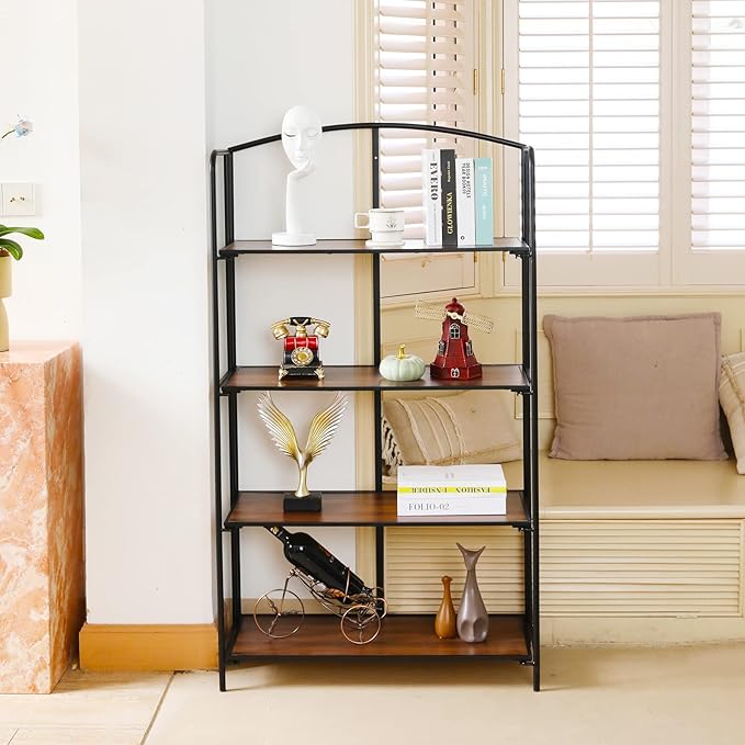 No Assembly Folding Bookshelf, 4 Tier Black Bookshelf, Metal Book Shelf for Storage, Folding Bookcase for Office Organization and Storage, 12.87" D x 30.9" W x 55.71" H