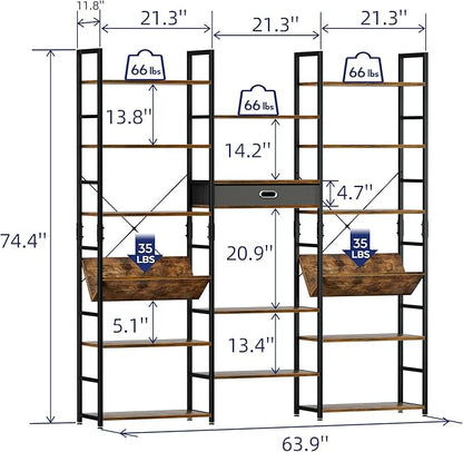 NUMENN Triple Wide 6 Tier Bookshelf, Adjustable Rustic Industrial Style Book Shelves, Modern Bookcases and Bookshelves Furniture for Bedroom, Living Room and Home Office, Vintage Brown