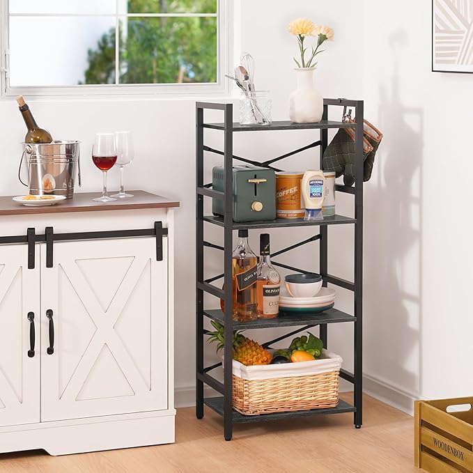 Yoobure 4 Tier Bookshelf - Small Book Shelf Industrial Bookcase, Narrow Book Case Book Storage Organizer for CD/Movie/Book, Bookshelves for Bedroom Office Living Room Charcoal Gray