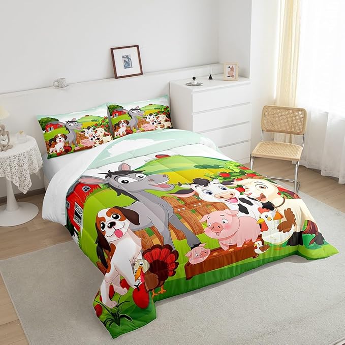 Cute Farm Animals Bedding Set Kids Cartoon Pig Dog Cow Horse Comforter Set for Boys Girls Teens Nature Country Style Comforter Farmhouse Rustic Duvet Set Colorful Bedroom Decor Quilt Set Full Size