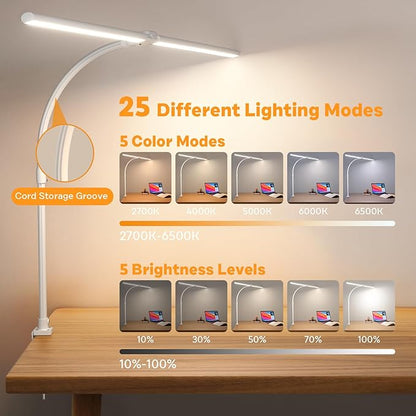 LED Desk Lamp for Home Office, Remote Control LED Desk Light with Color Changing Dimmable Computer lamp with Flexible Gooseneck, 24W, Double Head, White