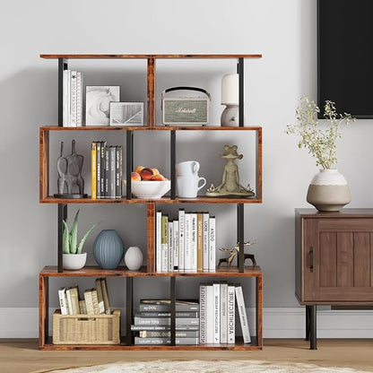 Furologee 5-Tier Bookshelf, S-Shaped Geometric Bookcase, Narrow Freestanding Display Shelves, Modern Wood Decorative Storage Shelving Rack for Bedroom, Living Room, Home Office, Rustic Brown