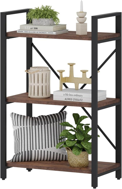BON AUGURE 3 Tier Industrial Bookshelf, Office Small Open Book Shelf for Small Space, Short Wooden Etagere Bookcase (Rustic Oak)