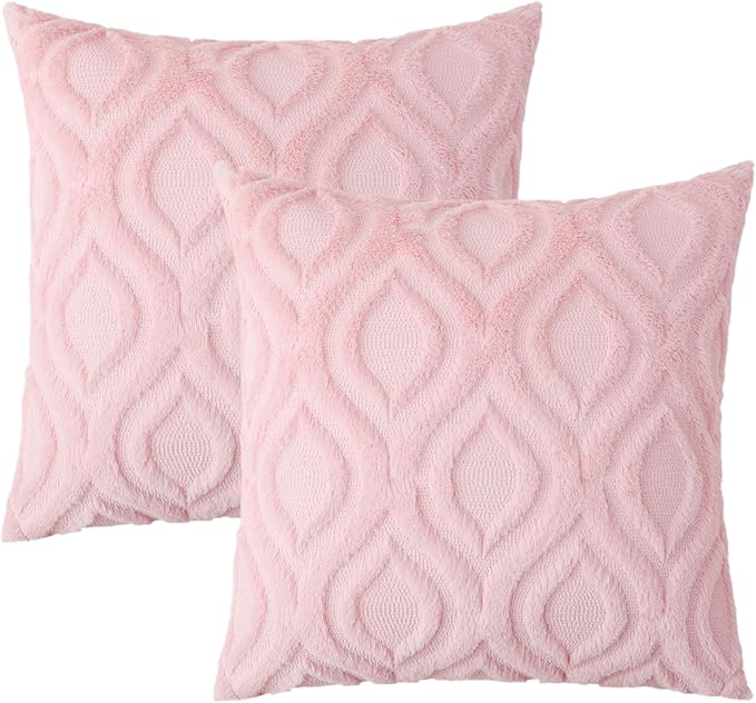decorUhome Throw Pillow Covers 20x20 Inch Set of 2, Soft Plush Decorative Faux Fur Light Pink Solid Couch Pillow Covers, Accent Farmhouse Neutral Square Euro Pillow Cases for Sofa Bed Living Room