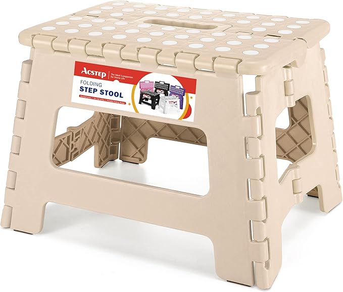 ACSTEP Folding Step Stool 9 Inch, Non-Slip Foldable Stools for Kids, Khaki | Heavy Duty Collapsible Foot Stool, Lightweight, Holds 300lb for Toddler/Adults Kitchen Bathroom Bedroom Outdoor, with Handle