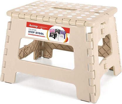 ACSTEP Folding Step Stool 9 Inch, Non-Slip Foldable Stools for Kids, Khaki | Heavy Duty Collapsible Foot Stool, Lightweight, Holds 300lb for Toddler/Adults Kitchen Bathroom Bedroom Outdoor, with Handle