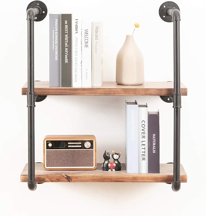 Industrial Wall Mounted Pipe Shelving,Rustic Metal Floating Shelves,Steampunk Real Wood Bookcases,DIY Bookshelf Hanging Shelves,Farmhouse Kitchen Bar Office Home Storage (3-Tier with 2 Boards,24in)