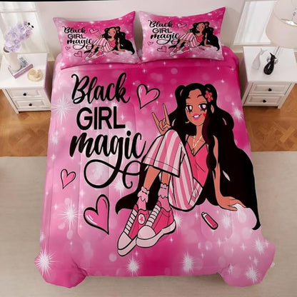 Black Girl Comforter Set Full for Kids,Black Girl Magic Bedding Set,Cuet Black Princess Girl Comforter Black Queen Melanin Bedroom Bed Set