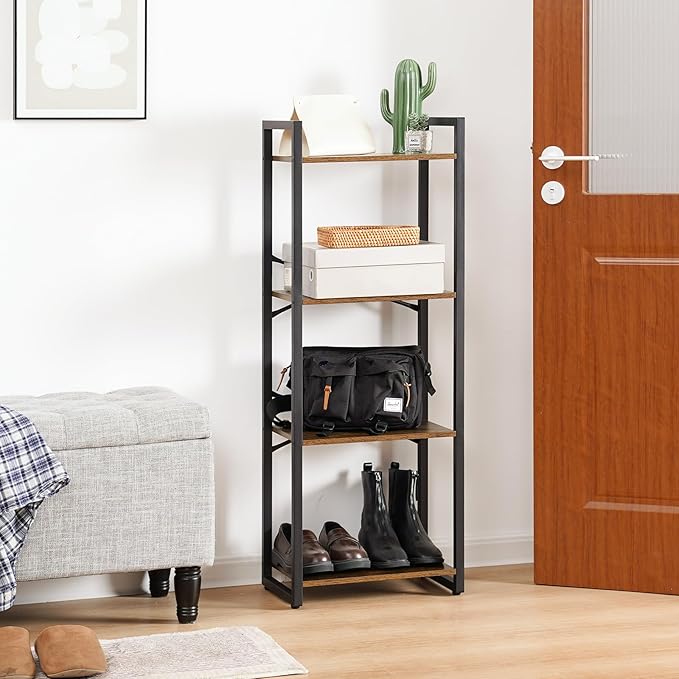 Yoobure Bookshelf, 4 Tier Book Shelf with Drawer, Small Bookcase Narrow Book Case, Industrial Bookshelves Shelf for Bedroom Living Room Office, Book Storage Organizer for CD/Movie Rustic Brown