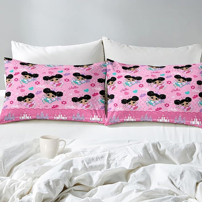 Pink Girls Comforter Sets Full, African American Black Girl Comforter Set Full Size Comforter Sets for Girls Soft Princess Bedding Decor for Girls Bedroom with 1 Comforter 2 Pillowcases