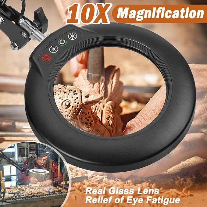 Veemagni 10X Magnifying Glass with Light, 5 Color Modes Stepless Dimmable 2-in-1 Desk Lamp and Clamp, LED Lighted Magnifier with Light and Stand, Hands Free for Craft Repair Hobby Painting Close Work